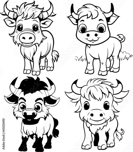 a cartoon  a cute  Buffalo  coloring page  black and white image