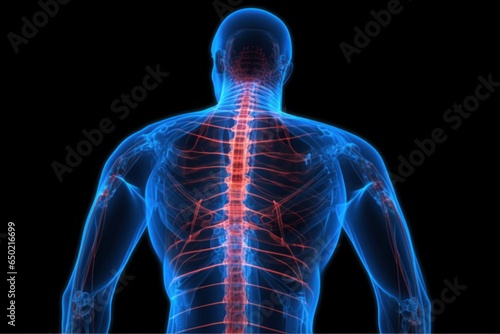 Lower and upper back pain highlighted in blue and red. Person with back pain. Medical concept.