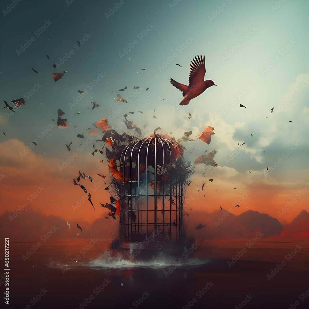 3D rendering of a bird in a birdcage with birds flying - obrazy, fototapety, plakaty 
