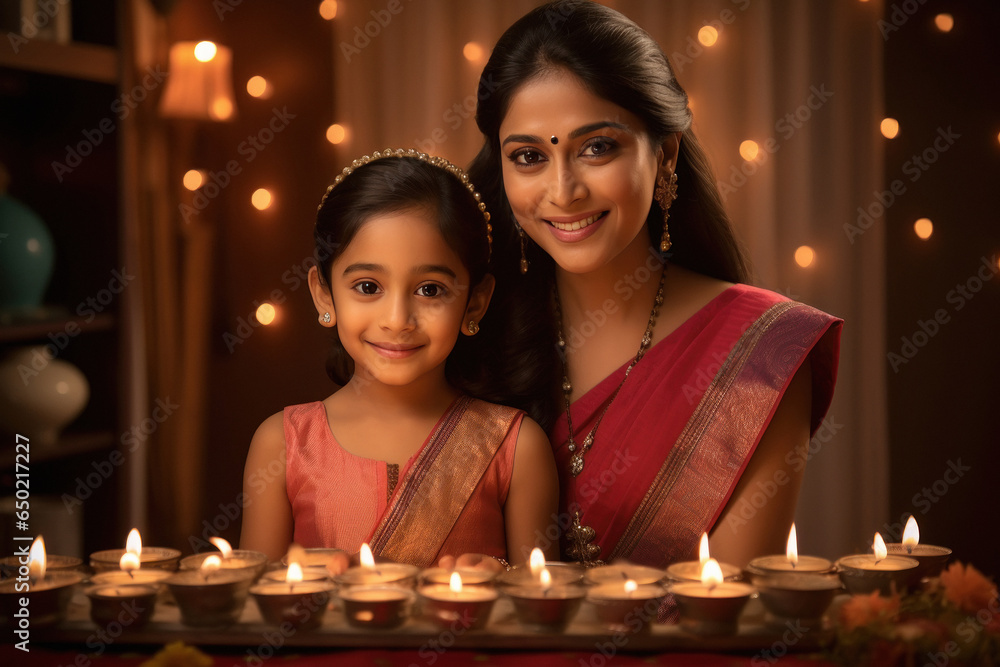 Indian woman celebrating diwali festival with her little girl at home. Indian woman celebrating diwali festival with her little girl at home.