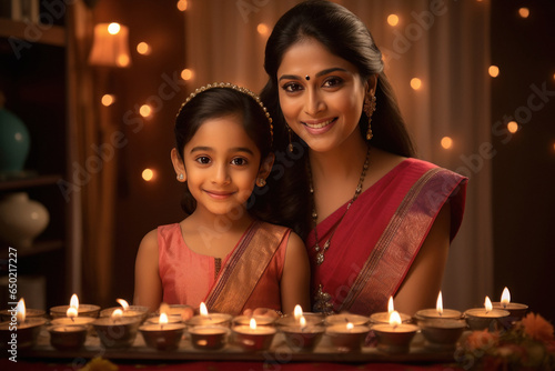 Indian woman celebrating diwali festival with her little girl at home.