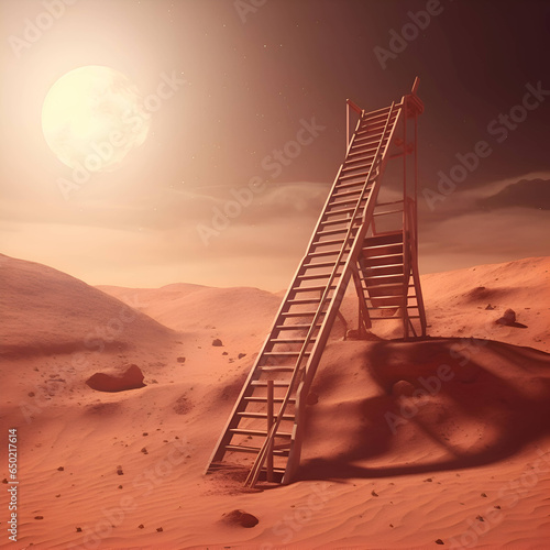 Ladder leading to the moon in the desert. 3d render