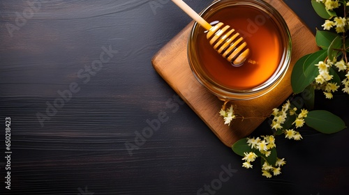 Top down View of Honey bowl on a Marble Table   with enough space for copy