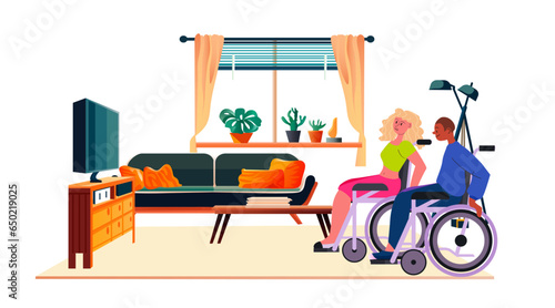 disabled man woman in wheelchairs watching tv people with disabilities rehabilitation concept modern living room interior