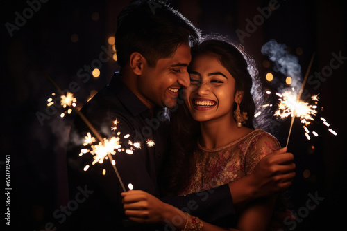 indian couple holding sparkle or fulzadi in hand and celebrating diwali. photo