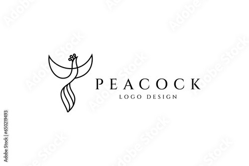 Flying peacock simple line logo design illustration