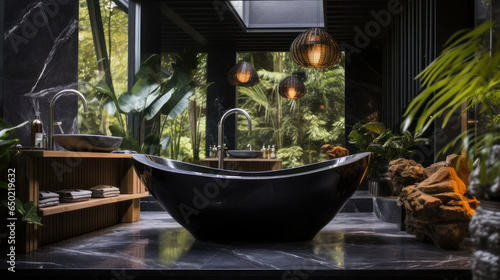 Cozy bathroom in black in an autonomous eco-house in a summer forest, view from the inside.