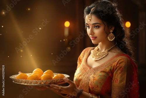 Indian woman holding sweet meal or laddoo thali. Celebrating diwali festival.