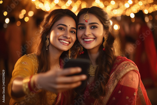 Two indian woman taking selfie in smartphone giving happy expression on diwali festival.