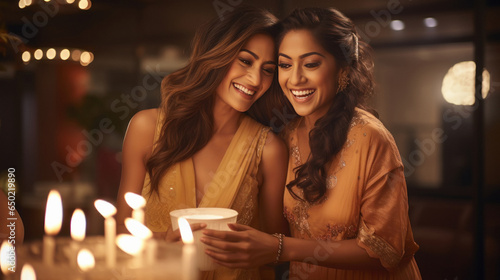 Two indian woman celebrating diwali festival