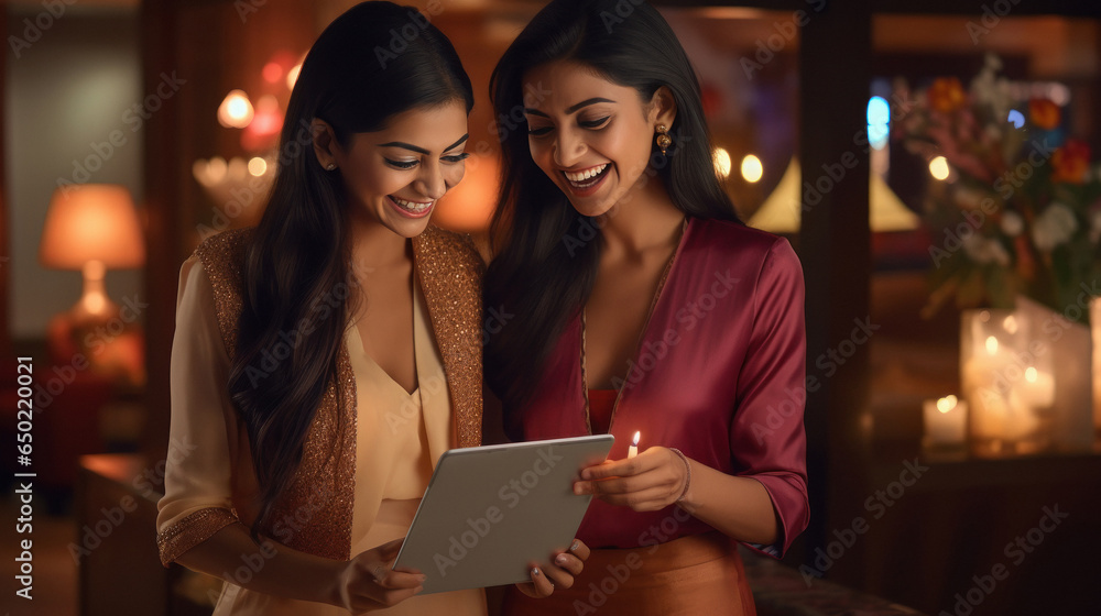 Two indian women using tablets at home - obrazy, fototapety, plakaty 