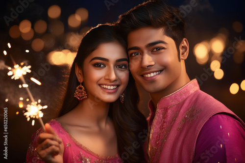 Young couple celebrating Diwali festival by burning crackers. photo