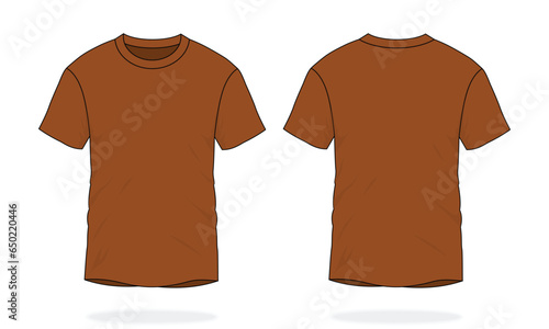Blank Brown Short Sleeve T-Shirt Template on White Background. Front and Back View, Vector File.
