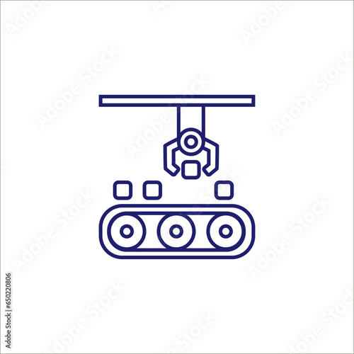 Vector linear style icon set with automated factory equipment. Industrial machines, automated production line.
