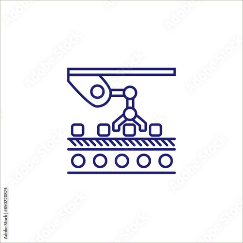 Vector linear style icon set with automated factory equipment. Industrial machines, automated production line.