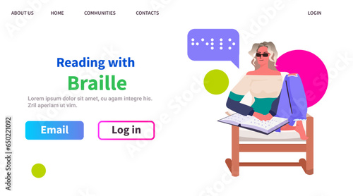 bling woman reading with braille alphabet people with disabilities concept horizontal