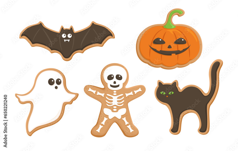 Obraz premium Halloween Gingerbread cookie set. Scary smiling pumpkin, bat, cat, ghost and skeleton. Halloween pastries. Vector cartoon flat illustration.