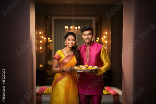 Indian couple celebrating diwali festival together at home
