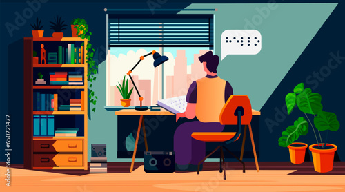bling man reading with braille alphabet people with disabilities concept living room interior