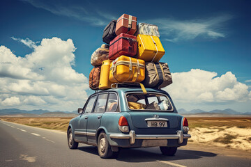 Travelling by retro car. Back view of a car with luggage on the roof. Car on the road with a lot of suitcases on roof. Family travel on vacation.