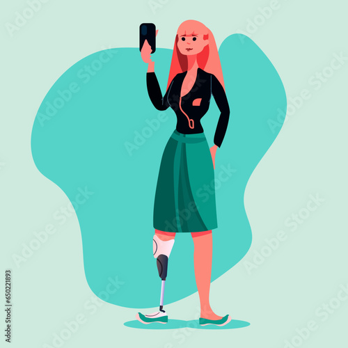 woman with replaced robotic leg with titanium implant or prosthesis body parts restoring normal functioning people with disabilities
