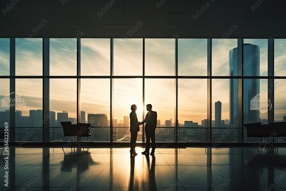 Business partnership agreement team office concept. Silhouette of a man and woman standing near panoramic window of a modern office. Colleagues communicate discussing upcoming negotiations and deals. Business partnership agreement team office concept. Silhouette of a man and woman standing near panoramic window of a modern office. Colleagues communicate discussing upcoming negotiations and deals.