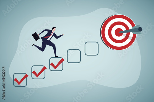 Personal development plan for career success, build specialist skill or competence to motivate and achieve business target concept, smart businessman walk up checklist as staircase to achieve target