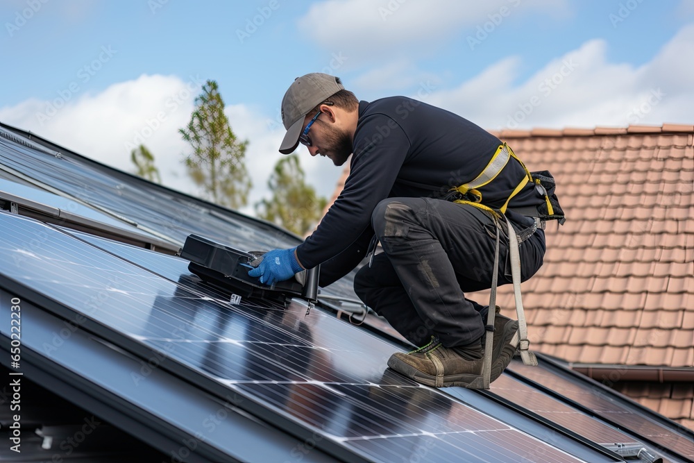 Process of installing solar panels on the roof of a small house ...