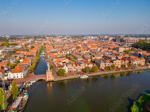 High angle Drone Point of View on Canals in City Center of Alkmaar, North Holland, The Netherlands on summer day in September