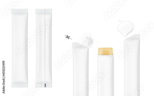 Blank stick package bag mockups set with samples. Front and rear view. Vector illustration isolated on white background. Can be use for template your design, presentation, promo, ad. EPS10.