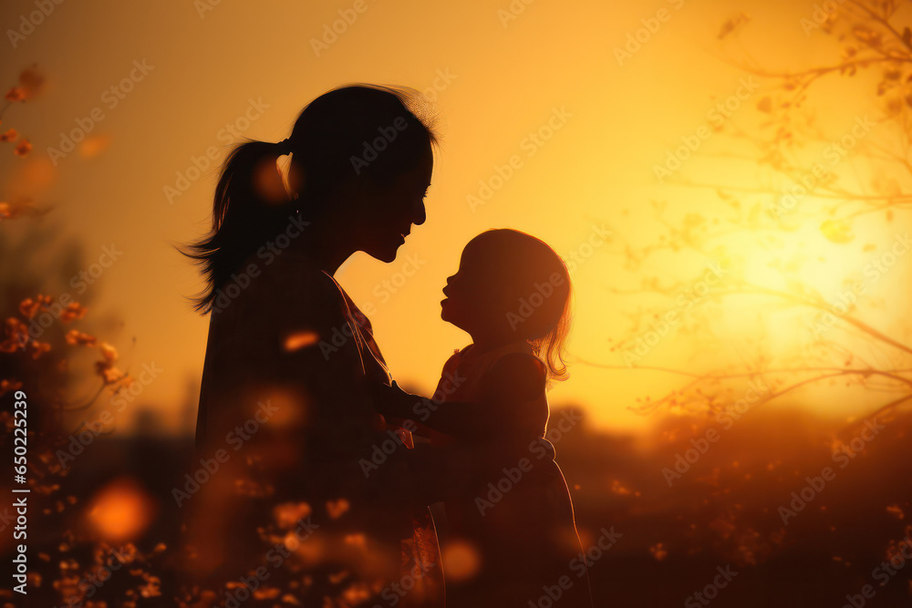 Serene Mother and Toddler Embrace in Sunset Silhouette, Evoking Warmth and Family Bonding in Tranquil Evening Setting - obrazy, fototapety, plakaty 