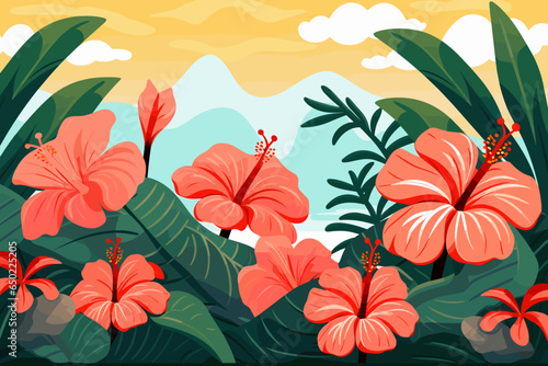 Hibiscus Flowers and tropical leaves Background from Hawaii. Tropical vector illustration. Sunny summer day.