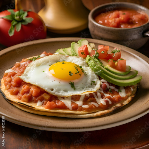 Traditional mexican breakfast with fried egg avocado and guacamole