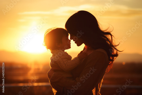 Serene Mother and Toddler Embrace in Sunset Silhouette, Evoking Warmth and Family Bonding in Tranquil Evening Setting photo