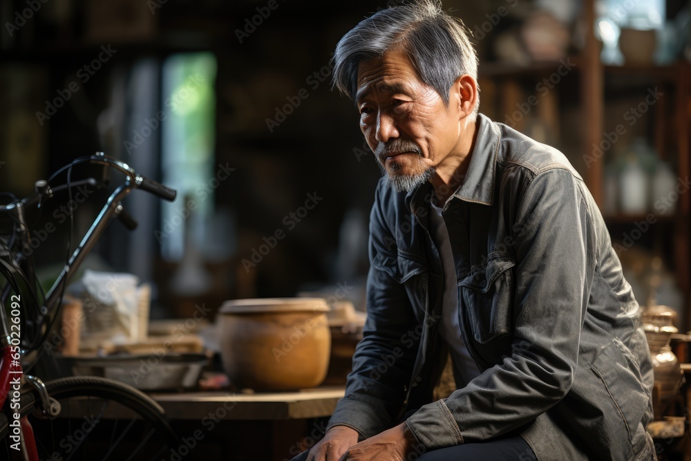 Back view of Asian old man suffering with depression and anxiety at work