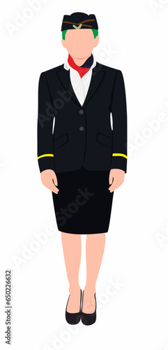 Stewardess Flight Attendant Air Hostess Girl in Uniform and Cap Stand with Smiling Face. Airplane Airline Staff