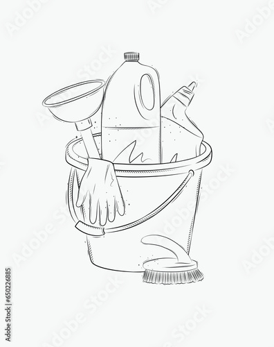 Cleaning bathroom supplies tools accessories cleaner, brush, bucket, plunger, gloves drawing in graphic style on white background
