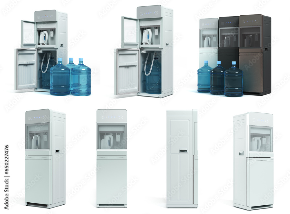Collection of Modrn water cooler machine with whater bottels 3d render on white