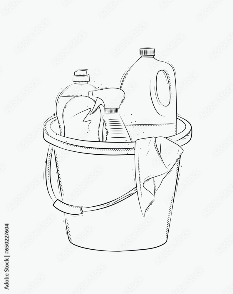 Cleaning supplies tools accessories bucket, rag, glass cleaner drawing in graphic style on white background