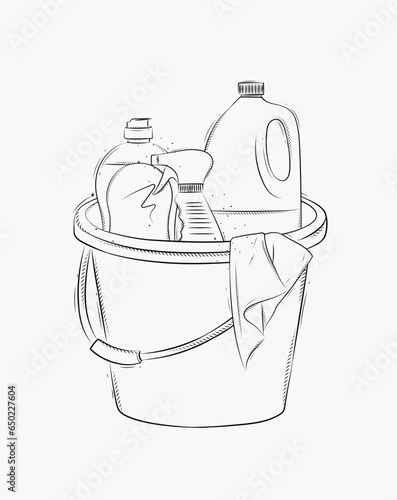 Obraz na płótnie Cleaning supplies tools accessories bucket, rag, glass cleaner drawing in graphic style on white background w salonie