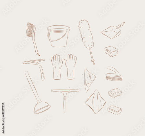 Obraz na płótnie Cleaning bathroom supplies tools accessories brush, bucket, gloves, scraper, sponge, dustpan, napkins, plunger drawing in graphic style on beige background w salonie