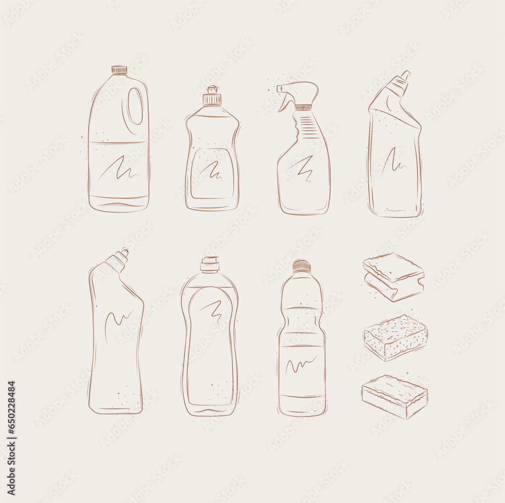 Set of cleaning products bleach, liquid soap, dish rinse aid, glass and toilet cleaner, washcloths drawing in graphic style on beige background