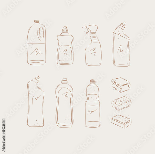 Obraz na płótnie Set of cleaning products bleach, liquid soap, dish rinse aid, glass and toilet cleaner, washcloths drawing in graphic style on beige background w salonie