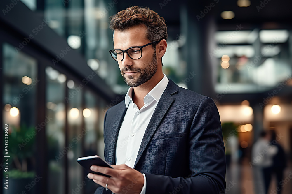 Modern Businessman Engaged with Digital Tablet in Contemporary Business Center. created with Generative AI Modern Businessman Engaged with Digital Tablet in Contemporary Business Center. created with Generative AI