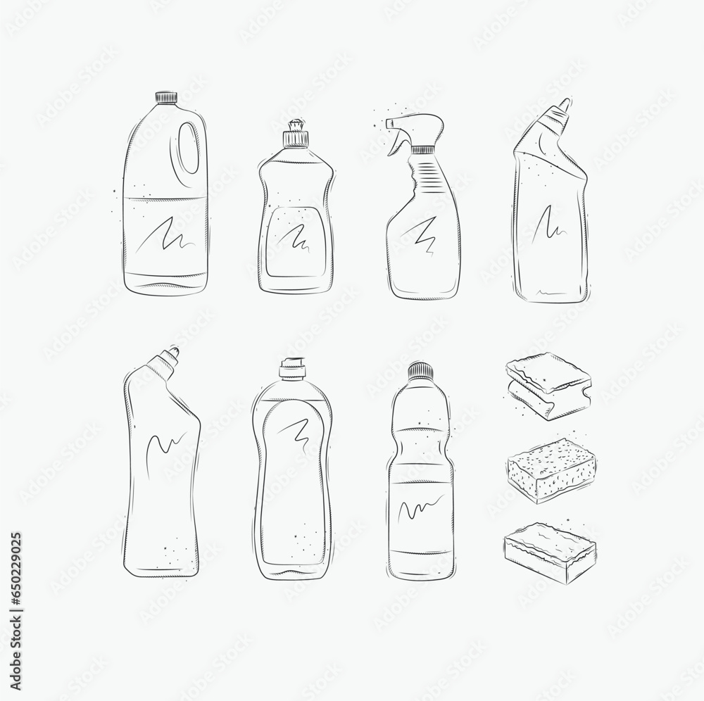 Set of cleaning products bleach, liquid soap, dish rinse aid, glass and toilet cleaner, washcloths drawing in graphic style on white background