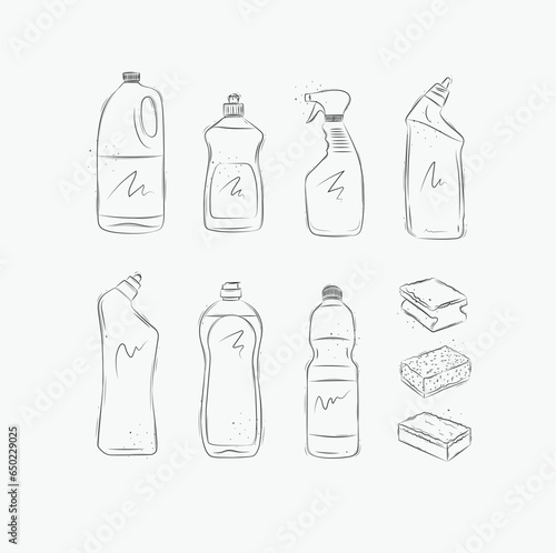 Obraz na płótnie Set of cleaning products bleach, liquid soap, dish rinse aid, glass and toilet cleaner, washcloths drawing in graphic style on white background w salonie