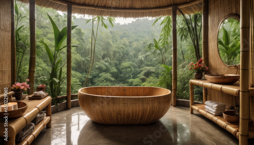 Salle de bain en bambou d'un un hôtel de luxe avec vue panoramique sur la jungle