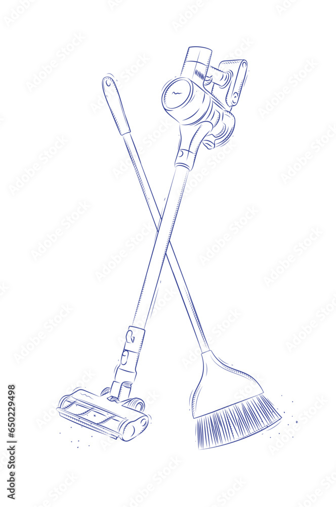 Cordless vacuum cleaner and flat broom drawing in graphic style on light background