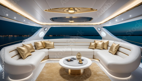 Salon luxueux en cuir blanc et doré sur un yacht avec vue panoramique sur l'océan à la tombée de la nuit © Morgan