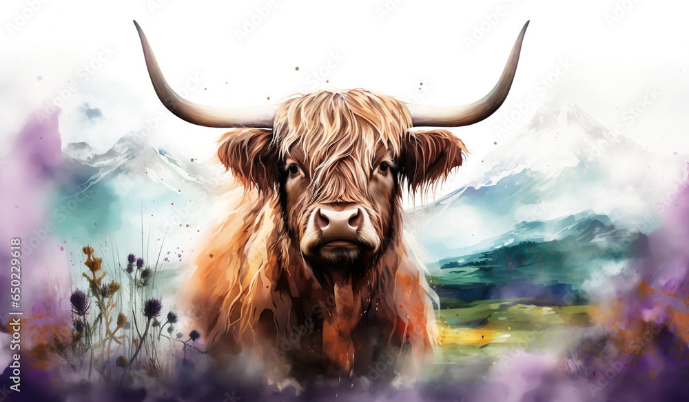 Watercolor illustration of highland cow with big horns. AI generated - obrazy, fototapety, plakaty 